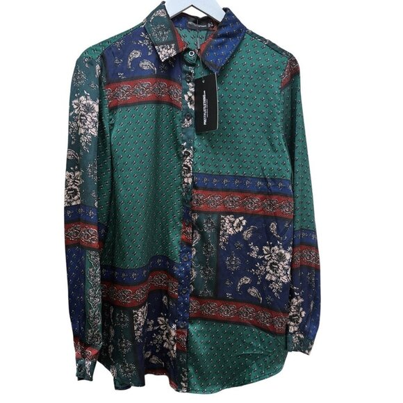 Pretty Little Thing Blouse Size 6 Blue Green Patchwork Print Oversized Button Up - Picture 1 of 9